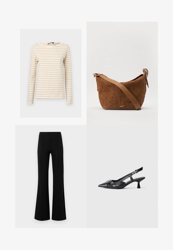 Ilga rankovė, dryžuota palaidinė kreminės ir smėlinės spalvų. Minkšta medžiaga, apvalus iškirpimas ir tiesus kirpimas su tolygiai išdėstytais horizontaliais dryžiais.; Juodos plačios kelnės su aukštu liemeniu, pagamintos iš tamprios medžiagos. Priekinėje dalyje yra vertikalūs siūlų akcentai ir lygus paviršius.; Juodas odinis slingback tipo batai su smailiu priekiniu atvartu, dekoratyvinėmis sagtimis su metaliniais akyčiais ir žemu blokiniu kulnu. Saldus paviršius.; Ruda suedes pečių rankinė su išsiuvinėtu gėlės dizainu, papildyta lygiu ruduo odos diržu ir auksinės spalvos detalėmis.