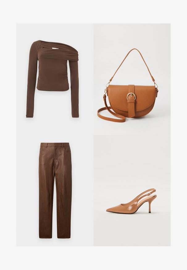 Brown long-sleeve top featuring an asymmetrical neckline, gathered texture, and fitted silhouette. Smooth fabric with subtle sheen.; Brown leather pants with a smooth texture, straight leg design, and two side pockets. Features visible stitching details.; Pointed toe slingback heel in a smooth, glossy tan material. Features a curved cutout design and a slender stiletto heel. Silver buckle detail.; Brown leather crossbody bag with a curved shape, gold hardware, and a buckle accent. Features a detachable shoulder strap.