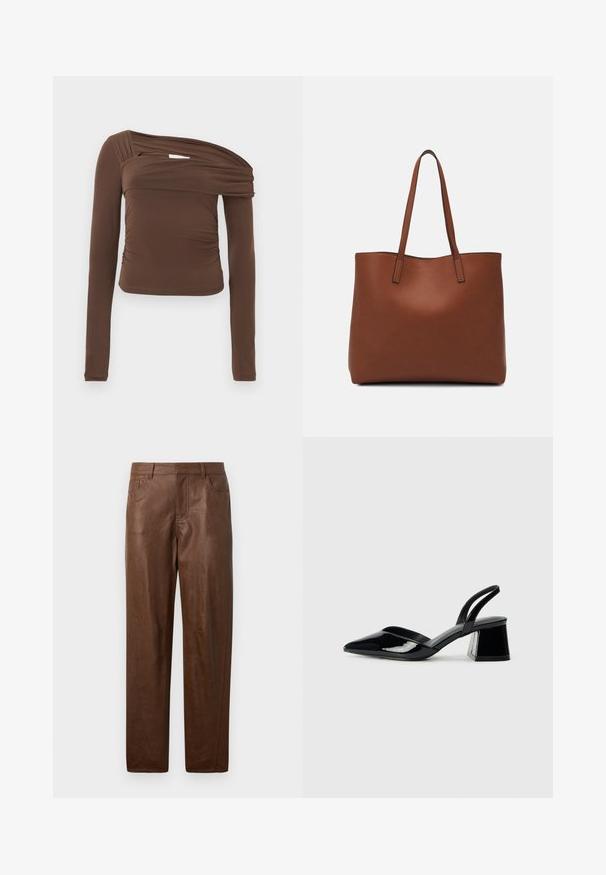 Barna, hosszú ujjú felső, aszimmetrikus nyakkivágással, ráncolt textúrával és testhezálló szabással. Sima anyag, amely enyhe fényt tükröz.; Barna bőrnadrág sima textúrával, egyenes lábformával és két oldalzsebből áll. Jellemzője a látható varrási részletek.; Fekete lakk bőr szandálkés magas sarkú cipő, hegyes orral és geometrikus tömbsarkakkal. Karcsú, minimalista dizájn és sima textúra jellemzi.; Barna bőr vászontáska sima textúrával, nyitott tetejű dizájnnal és két vállpánttal. Minimális varrással és látható hardver nélkül készült.