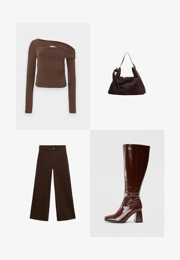 Rjava majica z dolgimi rokavi, ki se ponaša z asymetričnim ovratnikom, nabrano teksturo in prilegajočim silhueto. Gladko blago z diskretno sijajem.; Rjave široke hlače iz mešanice bombaža, z raztrganim robom, sprednjim gumbom in klasičnim dizajnom s petimi žepi. Minimalistične in vsestranske.; Bordeaux visoke škornje iz paten usnja z kvadratnim nosom, sijajno zaključno obdelavo in masivnim peto za stabilnost. Brezšiven dizajn brez vidnega okovja.; Temno rjav sueden hobo torba za rame z širokim nastavljivim usnjenim trakom in mehkobo, udobno obliko na beli podlagi.