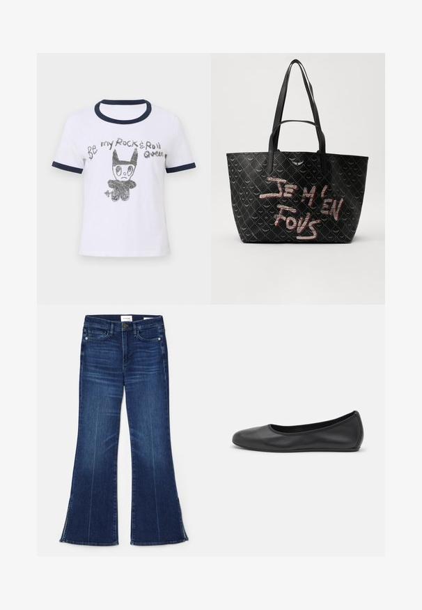 Witte katoenen t-shirt met marineblauwe ribbelkraag en -mouwen, met een zwart en zilvergrafiek van een cartoonfiguur en tekst.; Donkerblauwe uitlopende jeans gemaakt van denim. Beschikt over een hoge taille, voorzakken en splitdetails aan de zoom. Klassiek vijfzakontwerp.; Zwarte leren ballerina met een ronde neus, gladde textuur, minimale stikdetails en een flexibele zoolontwerp.; Zwarte tote bag van gestructureerd materiaal met een diamanten patroon, schouderbanden en vetrode en witte tekst met de tekst "JE M'EN FOUS."