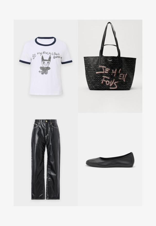 Balta medvilninė marškinėliai su tamsiai mėlynomis juosta ir rankovėmis, su juodu ir sidabriniu piešiniu, vaizduojančiu animacinį personažą ir tekstu.; Juodos dirbtinės odos kelnės su plačiais klešniais, su baltu siuvinėjimu, priekinėmis kišenėmis ir auksine sagtimi ant liemens.; Juodai odiniai baletai su apvaliu pirštu, lygi texture, minimalus siuvimo detales ir lanksčiu padų dizainu.; Juodas tote krepšys su tekstūruotu paviršiumi, turintis deimanto raštą, petines diržes ir ryškiai raudonai baltą tekstą „JE M'EN FOUS.“