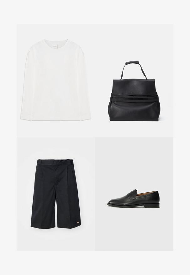 Langes, weißes Langarmshirt mit rundem Ausschnitt und einem "CLOSED" Etikett am Kragen, flach auf einem weißen Hintergrund gelegt.; Schwarze Shorts mit maßgeschneidertem Design, mit flachen Vorderfalten, einem standardmäßigen Bund und Seitentaschen. Hergestellt aus robustem Stoff.; Schwarze Leder-Slipper mit runder Zehenform, dezenten gestickten Details und niedrigem Absatz, ausgestattet mit glatter Textur und minimalistischem Design.; Schwarze Lederhandtasche mit strukturiertem Design, ausgestattet mit einem oberen Griff, Reißverschluss und glatter Textur. Schlichtes Logo-Detail auf der Vorderseite.