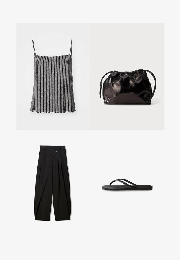 Zwart en zilver gestreepte camisole met dunne verstelbare bandjes, gemaakt van een zachte, gestructureerde stof en met een golvende zoom.; Zwarte brede pantalon gemaakt van soepele stof, met voorkeerdiezels, een knoopsluiting en een maatwerkontwerp voor een gestructureerde silhout.; Zwarte flip-flop met een gestructureerde rubberen zool, twee slanke banden en een subtiele, ingedrukte logo-detail op de band.; Kleine zwarte glanzende leren trekkoord portefeuille met korte handvaten op een lichtgrijze achtergrond.