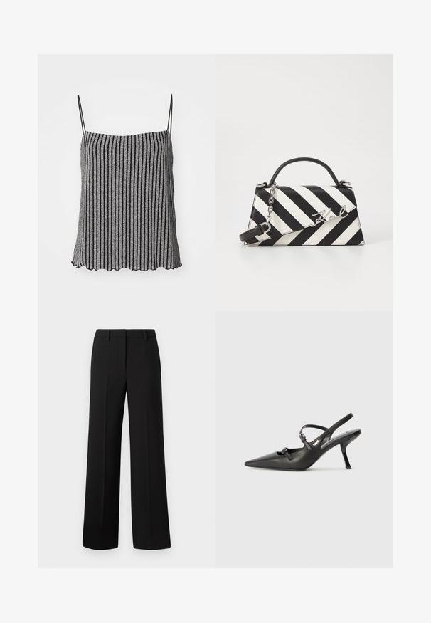 Svart og sølvstripet cami med tynne justerbare stropper, med et mykt, teksturert stoff og en scallop-kant.; Sorte vide bukser laget av et glatt stoff, med en skreddersydd passform, beltehemper og uten synlige mønstre eller dekorasjoner.; Sorte skinn slingback-hæler med spiss tå, slank hæl og dekorativ spenne detalj på vampsiden. Glatt tekstur og stilrent design.; Svart- og hvitstripet håndveske med en strukturert form, som har et topphåndtak, en avtakbar kjedestropp, og metallisk logo-akcent.