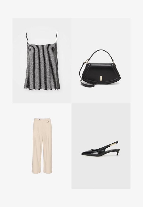 Camisola nera e argento a righe con spalline sottili e regolabili, caratterizzata da un tessuto morbido e testurizzato e un orlo a scallop.; Pantaloni beige a gamba larga con davanti piatto, due tasche laterali, chiusura con bottone e dettagli plissettati per un tocco di texture e design.; Tacchi slingback in pelle nera con punta affusolata, caratterizzati da un tacco alto e un accento dorato sulla cinghia regolabile. Texture liscia.; Borsa a mano in pelle nera con un design strutturato, caratterizzata da una forma corta, manico superiore e accessori in metallo dorato. Inclusa tracolla regolabile.