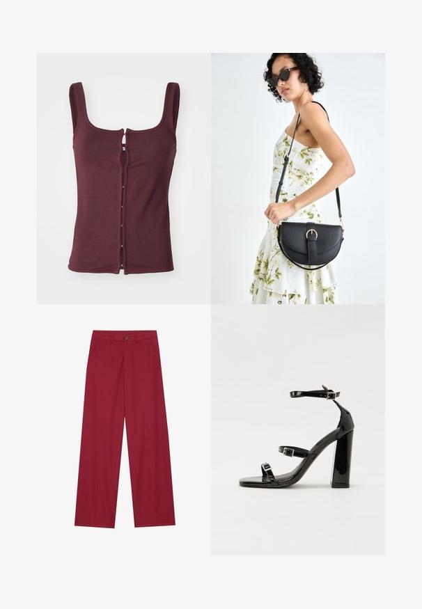 Burgundy sleeveless top made of soft fabric, featuring a scoop neck and a front closure with silver hardware and contrasting stitching.; Wide-leg pants made of smooth, textured fabric in a deep red color. Features front pockets and a single button closure at the waist.; Black patent heeled sandals with a square toe, ankle straps, and silver buckles. Features a chunky block heel for stability.; Black leather handbag with a curved shape, detachable strap, and gold hardware. The bag features a flap with a buckle detail.