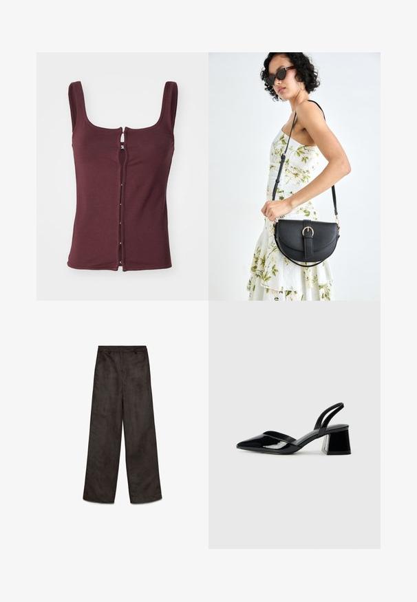 Burgundijska bezrukavna majica izrađena od mekanog materijala, s izrezom u obliku uvale i prednjim zatvaranjem s srebrnim hardverom i kontrastnim šavovima.; Široke crne hlače od tkanine s glatkom, mekanom teksturom. Sadrže prednje džepove i zatvarač na munje. Čist dizajn bez vidljivih uzoraka.; Crne lakirane kožne sandale s otvorenom petom i špicastim vrhom, s geometrijskom blok petom. Imaju elegantan, minimalistički dizajn i glatku teksturu.; Crna kožna torba s lukovitim oblikom, odvojivim remenom i zlatnim detaljima. Torba ima preklop s kopčom.