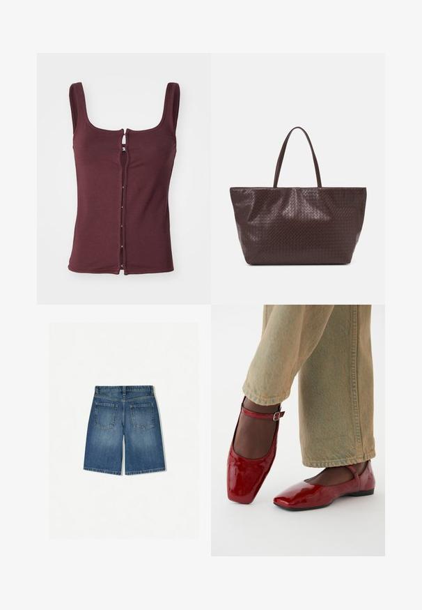 Bordó ujjatlan felső, puha anyagból, mély nyakkivágással és elülső zárással, ezüst színű szerelvényekkel és kontrasztos varrással.; Közékkék farmer sort, laza fazonnal, két hátsó zsebbel és tiszta, egyenes szegéllyel. Klasszikus öt zsebes kialakítás.; Piros lakkbőr cipők négyzetes orral, alacsony sarokkal és bokapánttal, világoszöld bő szárú farmerral párosítva. Sima textúra, fényes felület.; Barna szövött bőr táska két fogantyúval, strukturált formával és texturált felülettel, kiemelkedő gyémántmintával.