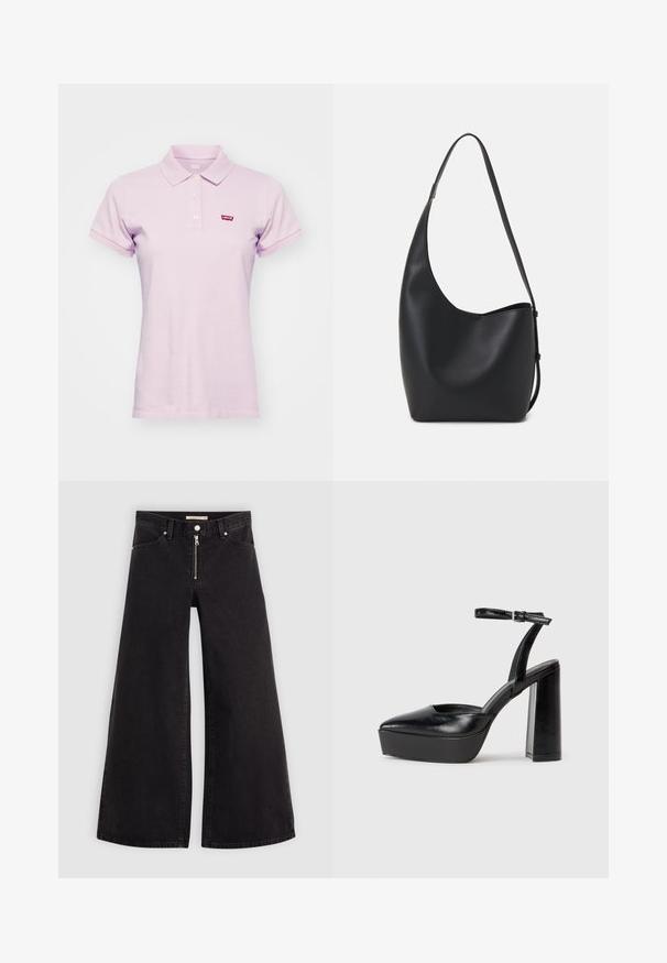 Svetlofialová polokošeľa vyrobená z bavlny. Má klasický golier, krátke rukávy a malé červené logo Levi's na ľavej strane hrudníka.; Dlhé nohavice vo voľnom strihu z čierneho denimu so zipsom vpredu, päť vrecúškovým dizajnom a jemnými stehovými detailmi. Hladká textúra a neformálny štýl.; Čierne platformové podpätky so špicatou špičkou a nastaviteľným členkovým remienkom. Vyrobené z hladkej kože a so robustným blokovým podpätkom.; Čierna kožená hobo taška so hladkou textúrou, zakriveným tvarom a jedným nastaviteľným popruhom; má široké otvorenie na vrchu.
