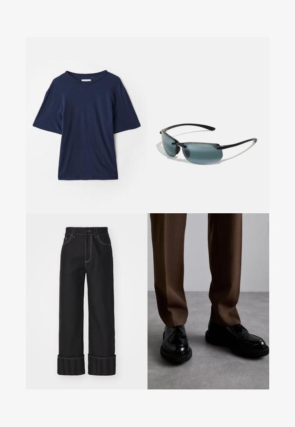 Tumesinine ülemõõduline t-särk, mis on valmistatud pehmest kangast, ringsi krae ja lühikeste varrukatega, millel on mugav lõige. Ei ole nähtavaid mustreid ega aksessuaare.; Mustad mustad jalad, kontrastsete valgete õmblustega, viie taskuga disain ja triibulised varrukad. Materjal näib olevat tugev ja siledat tekstuuri.; Mustad musta nahast kingad, millel on soonilised mustad tallad, koos pruunide, hästi lõigatud pükstega, mis on valmistatud siledast, tekstuurilisest kangast.; Mustaga musta raami, halli toonitud läätsed ja nutikas disain. Omab kumerate servi ja õhukesi käsi, et näha kerge välja.