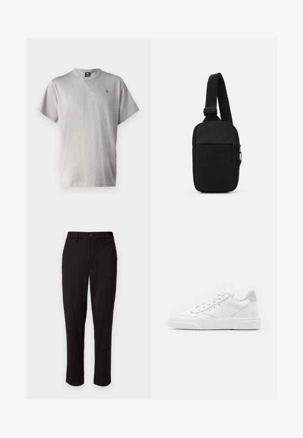 G-STAR NIFOUS - T-Shirt basic - sharkskin; Schwarze Hose aus leichtem Stoff, im geraden Schnitt, mit vorderem Knopfverschluss, Gürtelschlaufen und Seitentaschen.; Weiße Leder-Sneaker mit glatter Oberfläche, rundem Zehenbereich, flachen Schnürsenkeln und strukturiertem Schuhsohlen. Graues Wildleder-Detail an der Ferse.; Schwarze Umhängetasche aus robustem Gewebe, mit einem verstellbaren Tragegurt, einem Reißverschluss-Hauptfach und einer Fronttasche.