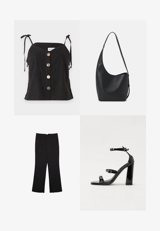 Črna linena camisole brez rokavov z V-izrezom, nastavljivimi vezalkami ter petimi izrazitimi gumbi različnih materialov spredaj.; Črne hlače ravnega kroja z naglavnimi žepi in stranskimi razporki na robu. Narejene iz mehke, gladke tkanine. Primerne za različne priložnosti.; Črne lakirane sandale s peto, kvadratnim prstom, trakovi okrog gležnja in srebrnimi zaponkami. Opremljene so s stabilno Debelo peto.; Črna usnjena hobo torba z gladko teksturo, ukrivljeno obliko in eno nastavljivo naramnico; ima širok odprtina na vrhu.