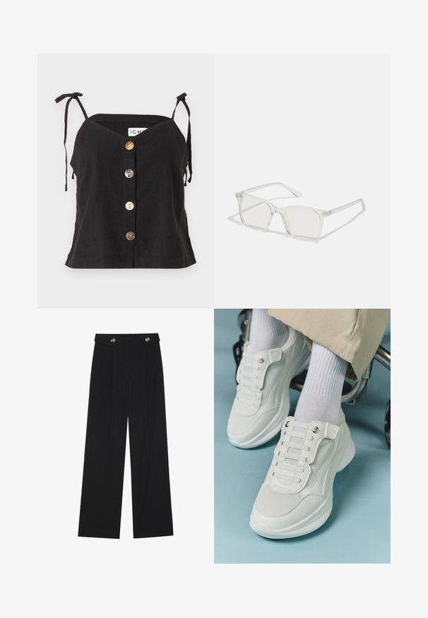 Camisola de linho preta com decote em V, alças ajustáveis com laço e cinco botões proeminentes de vários materiais na parte da frente.; Calças largas pretas com cintura alta, detalhes em botão na cintura e pregas frontais.; Tênis brancos com material em rede, sola de borracha, design sem atacadores com faixas elásticas e detalhes em tom dourado.; Óculos quadrados de plástico transparente com lentes translúcidas, apresentando detalhes em dourado nas hastes.; Bolsa tote de couro castanho com uma textura suave, design de abertura superior e duas alças para o ombro. Apresenta costura mínima e sem hardware visível.
