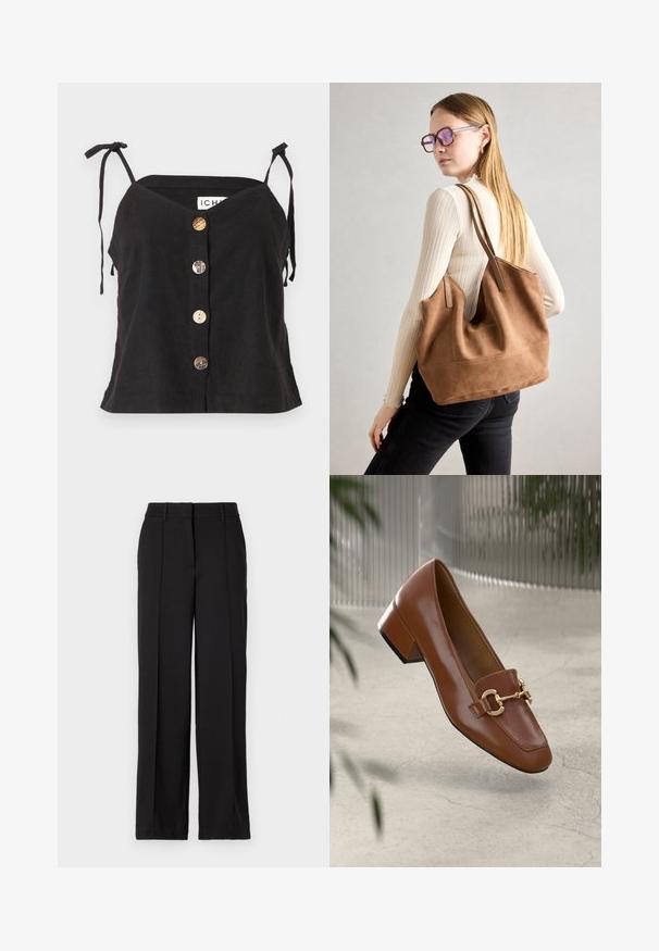 Svart lin camisole med V-hals, justerbare bånd og fem fremtredende knapper i ulike materialer foran.; Sorte bukser med rett ben, med to frontfolder, liv, og ingen synlige lommer eller dekorasjoner.; Brun lakkert skinn loafer med firkantet tå, metallkjedeakkent, og lav blokkheel; glatt tekstur, minimalistisk design.; Brun semsketotebag med myk tekstur, stor åpning og lange stropper. Har et enkelt design med synlig søm og uten maskinvare.