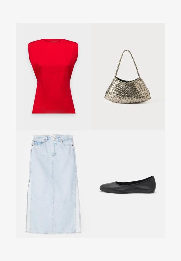 MAX&Co. PRIAMO - Top - rot; Hellblaue Jeans-Maxi-Rock mit geradem Schnitt, ausgestattet mit seitlichen Schlitzen und einem Fünf-Taschen-Design. Auffällige Nähte und Metallschnappverschluss.; Schwarze Leder-Ballettschuhe mit abgerundeter Spitze, glatter Textur, minimalen Nähdetails und einem flexiblen Sohlen-Design.; Metallisch gewebte Handtasche in dreieckiger Form, mit einem geflochtenen Träger und einem mit Samt ausgekleideten Innenraum. Farbe: Silber. Textur: glatt und stoffartig.