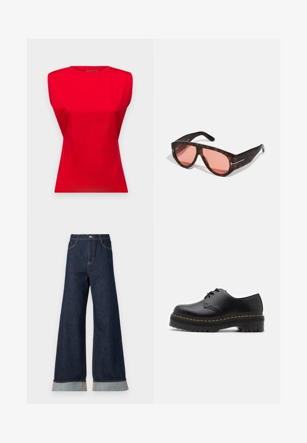 MAX&Co. PRIAMO - Top - rot; Široké tmavé džíny s oranžovým prošitím, vysokým pasem, dvěma předními kapsami a ohrnutými nohavicemi, které ukazují světle modrou kontrastní látku.; Černá kožená šněrovací bota s kulatou špičkou, silnou černou gumovou podrážkou a žlutým prošíváním podél okraje. Má hladký povrch a robustní design.; Želvovinové sluneční brýle s růžovými skly, s odvážným úhlovým designem a tenkými stříbrnými akcenty na rámech.