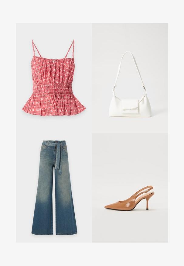 Haut rouge à motif avec des fines bretelles, présentant un buste froncé et un ourlet en peplum. Motif floral et rayé sur un tissu léger.; Pantalons en denim à jambe large présentant un dégradé de bleu clair à bleu foncé, taille haute, passants de ceinture et une ceinture en tissu assortie. Finition en denim texturé.; Escarpin à talon slingback à bout pointu en matériau beige lisse et brillant. Présente un design de découpes courbées et un talon aiguille fin. Détail de boucle en argent.; Sac à main synthétique blanc en forme triangulaire, avec un rabat avant plat et un détail en nœud, une bandoulière ajustable, une texture lisse et un design minimaliste.