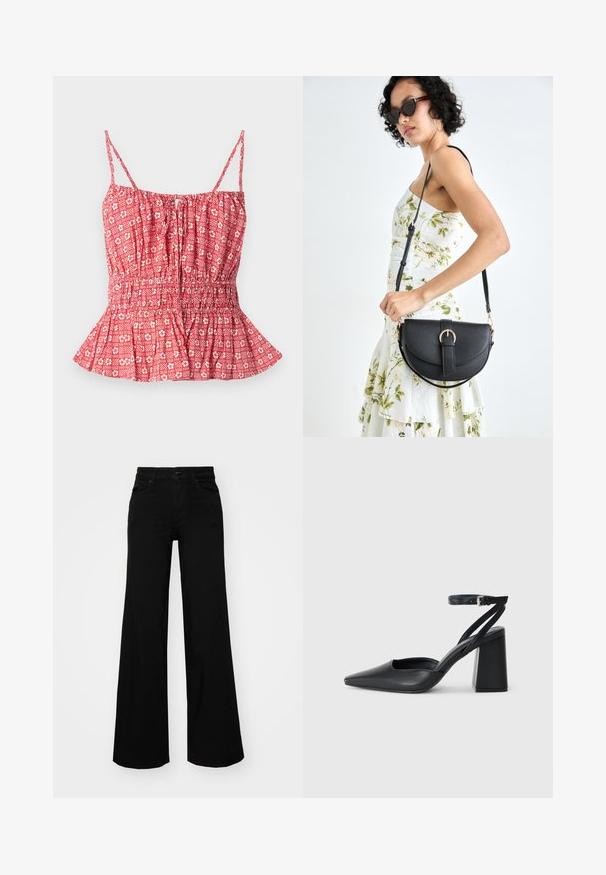 Top rosso con motivo a fantasia, dotato di spalline sottili, con un corpetto arricciato e un orlo a peplo. Design floreale e a righe su tessuto leggero.; Pantaloni neri a gamba larga in denim, con una vita strutturata, passanti per la cintura e tasche frontali. Texture liscia con un design classico.; Pump in pelle nera con punta affusolata, cinturino alla caviglia e tacco spesso. Texture piatta, design elegante ed estetica minimalista.; Borsa a tracolla nera in pelle con una forma curva, manico rimovibile e accessori dorati. La borsa presenta una patta con un dettaglio a fibbia.