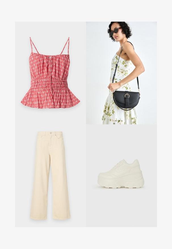 Top rojo con estampado, de tirantes finos, que presenta un corpiño fruncido y un dobladillo de peplum. Diseño floral y a rayas en una tela ligera.; Jeans de pierna ancha beige fabricados en algodón. Cuentan con un cierre de botón, presillas para cinturón y bolsillos frontales con una textura suave y lisa.; Zapatillas de plataforma blancas con un upper suave similar al cuero, forma redondeada, cuello acolchado y suela de goma texturizada con surcos definidos.; Bolso de piel negra con forma curva, correa desmontable y herrajes dorados. El bolso cuenta con una solapa con un detalle de hebilla.