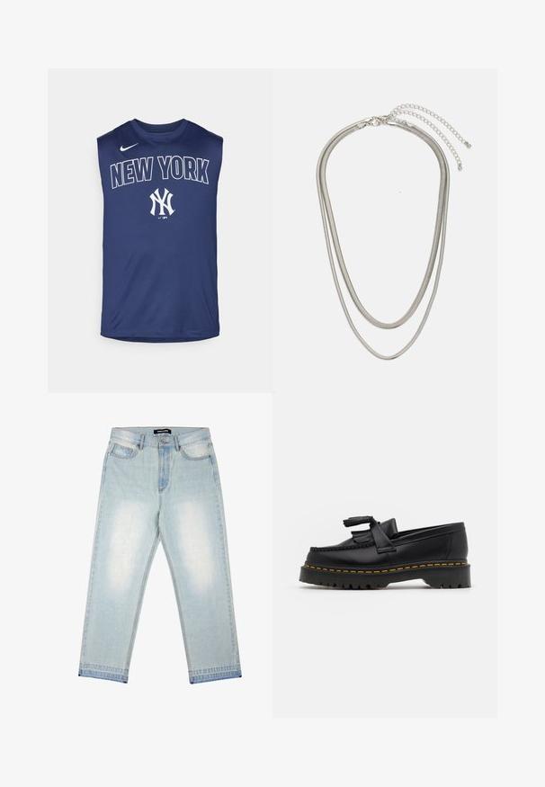 Tumesinine ilma varrukateta särk kergetest materjalidest, millel on keskosas julgete valgete tähtedega kirjas "NEW YORK" ja NY spordilogo.; Pegador BARROW - Loose fit teksad - sand washed blue; Mustmust musta loafer, millel on frantsiisi aktsent, paks must tald ja kollane õmblus servas. Tekstuuriga viimistlus.; Kolmekihiline hõbedane metallkaelakee, mis on valmistatud peentest, paindlikest kettidest kerge läikega, kinnitatud krabi sulguri ja reguleeritava ketiga.