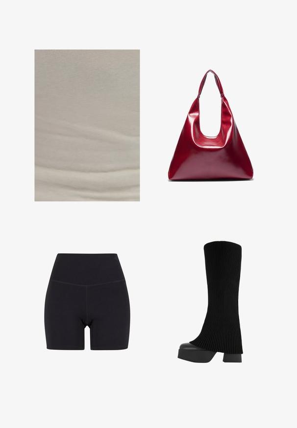 OXXO MIT ECKIGEM AUSSCHNITT - Top - french oak; Shorts neri a vita alta realizzati in tessuto elasticizzato. Presentano una cintura elastica, una texture liscia e una lunghezza fino a metà coscia con un design senza cuciture.; Stivale nero al ginocchio realizzato in tessuto a coste, con suola piatta chunky e tacco a blocco, caratterizzato da una texture liscia e da un design elegante e moderno.; Borsa a mano in pelle lucida rossa con forma triangolare, ampia apertura superiore e un manico curvo singolo. Texture liscia con dettagli di cucitura minimi.