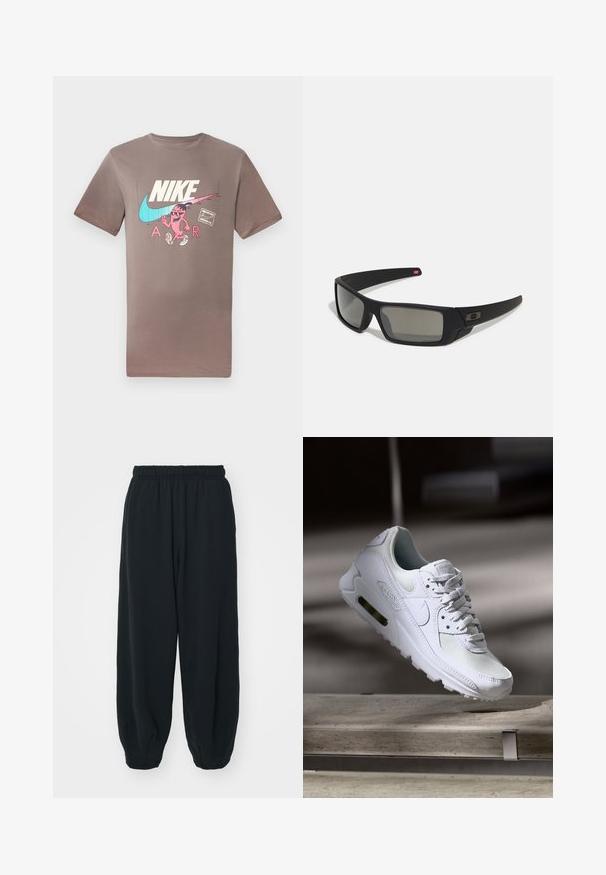 Barna pamut póló, színes grafikával egy napszemüveges karakterről, a Nike és Air logókkal, kontrasztos színekben.; Fekete, rugalmas derékpántos melegítőnadrág, laza fit, véget érő szárakkal, sima textúrával, látható minták vagy hardver díszek nélkül.; Fehér Nike Air Max 90 sneaker, amely hálós és bőr felsőrésszel, perforált orr-résszel és látható légpárnás egységgel rendelkezik a saroknál.; Fekete napszemüveg matt felülettel, téglalap alakú lencsékkel, enyhe ívvel a templomokon, diszkrét logó részlettel és füstszínű lencsékkel.