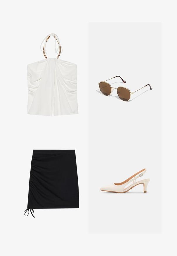 Fehér ujjatlan felső, drapírozott anyaggal, megkötős nyakkivágással és arany tónusú fémszíjjal. Puha tapintású és könnyed, laza dizájn.; Fekete mini szoknya puha anyagból, oldalán ráncolással és kötéssel az alján. Sima textúra, formás sziluett.; Fehér slingback sarok, hegyes orral, sima felső anyaggal, alacsony blokk sarkával és oldalsó kivágott dizájnnal, állítható csatpánttal.; Arany színű fém napszemüveg kerek, barna árnyalatú lencsékkel. Vékony karokkal rendelkezik, amelyek végén teknős minta található. Átlátszó orrpadok járnak hozzá.; Michael Kors bézs bevonatos vászon karkötő, amely ismétlődő MK logó mintával, aranyszínű fémrészletekkel és levehető lánchordóval rendelkezik.