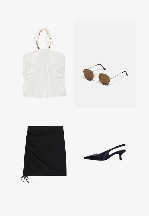 Witte mouwloze top met gedrapeerde stof, een cinched halternek en details van goudkleurig metaal. Zachte textuur en een lichte, vloeiende uitstraling.; Zwarte mini-jurk van zachte stof, met zij-ruche en strikjes aan de zoom. Glad materiaal met een aansluitende pasvorm.; Zwarte leren slingback pump met spitse neus, middelhoge hak, open zijkanten en verstelbare band. Gladde textuur met minimale ontwerpelementen.; Gouden metalen zonnebril met een ronde, bruin getinte lens. Heeft dunne armen met een schildpadpatroon op de uiteinden. Inclusief transparante neuskussentjes.