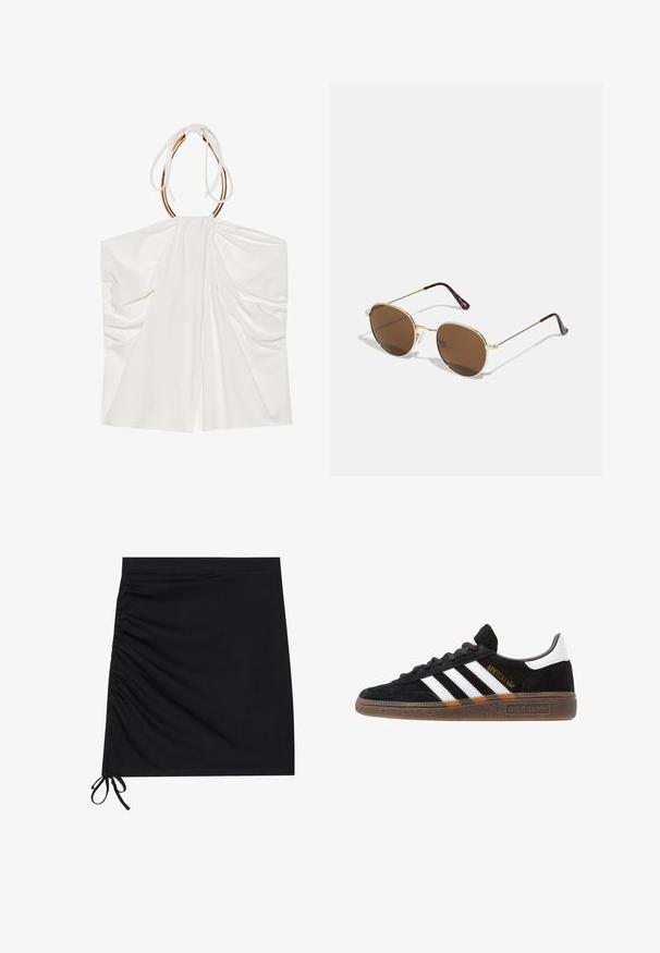 Biała bezrękawnik z drapowanym materiałem, zaciąganym na szyi w stylu halter oraz detalami w złotym odcieniu. Miękka tekstura i lekka, zwiewna konstrukcja.; Czarna mini spódnica wykonana z miękkiego materiału, z bocznymi marszczeniami i sznurkami na dole. Gładka tekstura z dopasowanym krojem.; Czarny sneaker Adidas z białymi paskami, złotym napisem "Spezial", gumową podeszwą i białym elementem przy pięcie, przedstawiony w widoku z profilu.; Złote metalowe okulary przeciwsłoneczne z okrągłymi, brązowymi szkłami. Posiadają cienkie zauszniki z masą perłową na końcach. W zestawie przezroczyste noski.