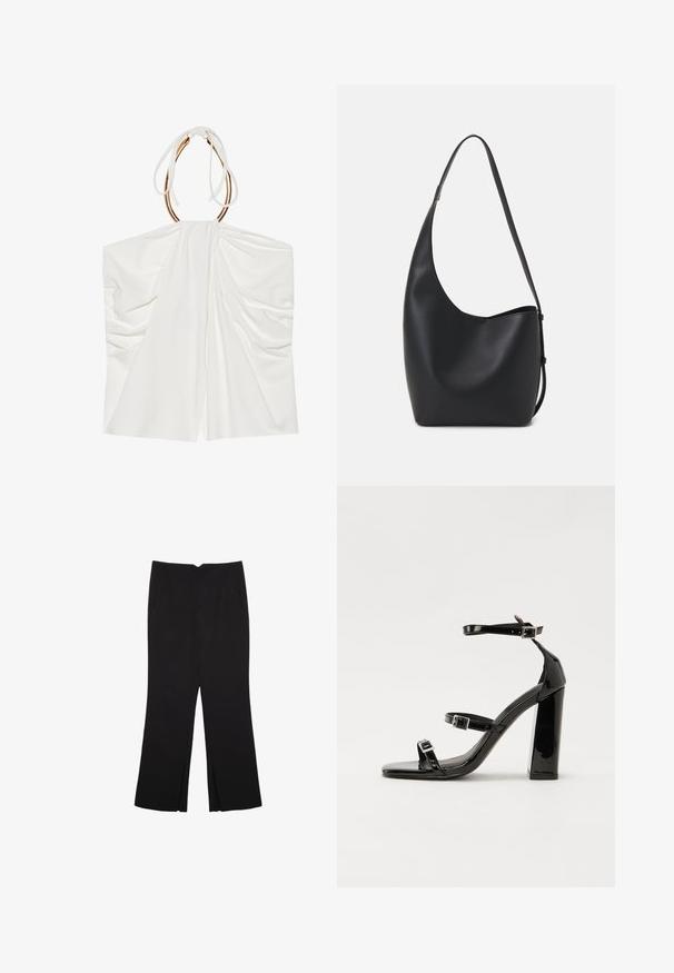 Biała bezrękawnik z drapowanym materiałem, zaciąganym na szyi w stylu halter oraz detalami w złotym odcieniu. Miękka tekstura i lekka, zwiewna konstrukcja.; Czarne spodnie o prostym kroju, z przednimi kieszeniami i bocznymi rozcięciami na dole. Wykonane z miękkiego, gładkiego materiału. Odpowiednie na różne okazje.; Czarne lakierowane sandały na wysokim obcasie, z dwoma paskami zapinanymi na klamry, kwadratowy nosek i masywny obcas typu słupek, o gładkiej, błyszczącej fakturze.; Czarna skórzana torba hobo o gładkiej fakturze, zaokrąglonym kształcie i pojedynczym, regulowanym pasku; posiada szerokie otwarcie na górze.