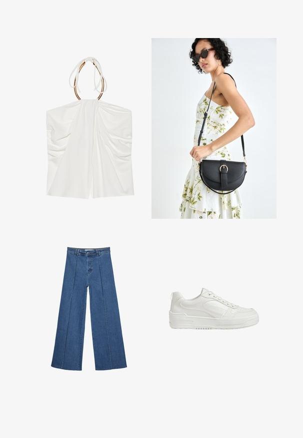 Vit ärmlös topp med draperad tyg, en åtstramad halterneck och detaljer i guldton. Mjuk textur och lätt, flödande design.; Vidbenade denimjeans i medelblått, med hög midja, knäppning och kontrasterande vertikala sömdetaljer längst fram.; Vita lädersneakers med slät yta, vadderad ankel och perforerad tå. Har en något upphöjd gummisula och snörningsdesign.; Svart läderhandväska med en böjd form, avtagbar rem och guldiga detaljer. Väskan har ett lock med en spänndetalj.