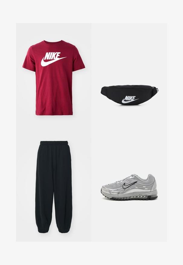Mörkröd bomulls t-shirt med en vit Nike-logotyp över bröstet, korta ärmar och rund halsringning, slät textur.; Svarta, elastiska sweatpants med lös passform, mudd vid anklarna, slät textur och utan synliga mönster eller detaljer i metall.; Grå Nike Air Max sneakers med en överdel i mesh och syntetmaterial, vågmönster, svarta detaljer och en synlig luftkuddenhet.; Svart nylon midjeväska med dragkedjestängning, med en stor vit Nike-logotyp. Slät textur och ergonomisk design för bekväm användning.