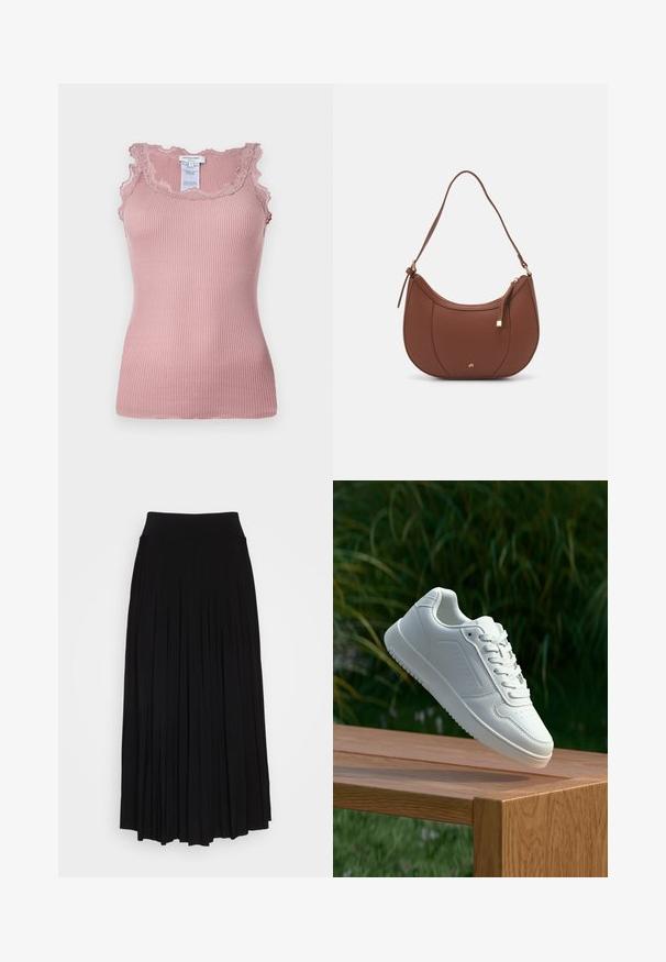 Top roz cu dungi, cu dantelă decorativă pe decolteu și la brațe, cu un design ajustat și un etichetă vizibilă pe spate.; Fustă plisată neagră cu un talie înaltă, elastică. Fabricată dintr-un material moale, prezintă plisuri verticale pentru o siluetă fluidă.; Sneaker alb cu un upper sintetic neted, cu vârf perforat, șireturi plate și o talpă texturată, expus pe o suprafață de lemn.; Geantă de umăr din piele ecologică maro, cu o formă curbată, cusături minime și un accent din metal auriu. Are un închidere cu fermoar în partea de sus și o curea ajustabilă.