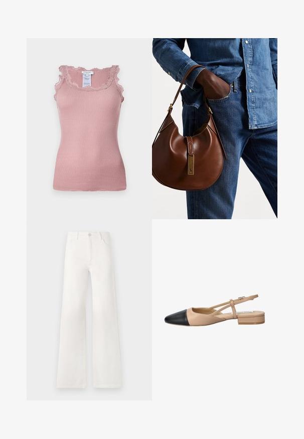 Rausvas gipiūras tankinis su raukšlėtiniu dizainu, puoštu nėriniu aplink kaklo ir rankovių kraštus, ir išlenkta forma, su matomu etikete ant nugaros.; Balsviesti, aukštu liemeniu plačiakelnės džinsinės kelnės. Jos turi mygtukų užsegimą, dvi priekinės kišenes ir siūlams su siuvinėtojais.; Kreminė ir juoda dviejų tonų slingback avalynė su smailiu pirštu, plokščiu kulnu ir kryžminiu dirželiu. Lygaus odos paviršius.; Ruda odinė hobo kuprinė su suapvalinta forma, turinti auksinius aksesuarus ir kontrastingą siuvinėjimą. Derinama su džinsiniu marškinėliu ir džinsais.