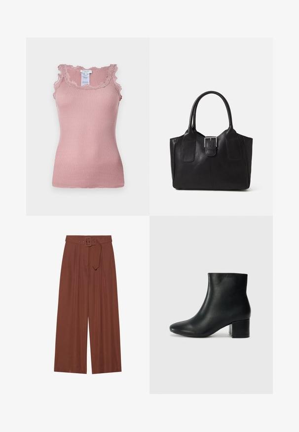 Ribbed pink tank top featuring lace trim along the neckline and armholes, with a fitted design and a tag visible at the back.; Wide-leg trousers in brown fabric, featuring a belt with a square buckle, pleated design, and smooth texture.; Black leather ankle boots with a pointed toe and a chunky heel. Smooth texture with minimal accents and a sleek, fitted design.; Black leather tote bag with smooth texture, structured shape, two handles, and a prominent silver buckle detail on the front.