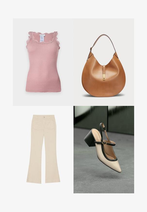 Ribbed pink tank top featuring lace trim along the neckline and armholes, with a fitted design and a tag visible at the back.; Beige flared pants with a high waist, made of cotton fabric. Features front and back pockets, belt loops, and a single silver button.; Beige pointed-toe slingback shoe with black trim, gold buckle, and a chunky block heel on gray floor with dark green background.; Tan leather handbag with a curved shape and a wide shoulder strap. Features a gold metal accent at the center and smooth texture.
