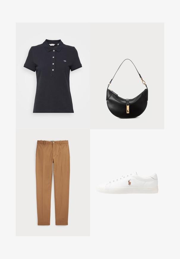 Granatowa koszulka polo z krótkim rękawem, z trzema guzikami przy kołnierzyku oraz małym logo na lewej piersi. Wykonana z bawełny o gładkiej fakturze.; Brązowe bawełniane spodnie w fasonie slim-fit, z płaskim przodem i standardowymi kieszeniami; gładka tekstura i podwinięte mankiety.; Białe skórzane sneakersy, niskoprofilowy design, charakteryzujące się gładką fakturą, okrągłym noskiem, sznurowanym przodem i małym haftowanym logo z boku.; Czarna skórzana torebka w kształcie półksiężyca. Ma złote akcenty i wąski pasek. Gładka tekstura, zamek błyskawiczny na górze.