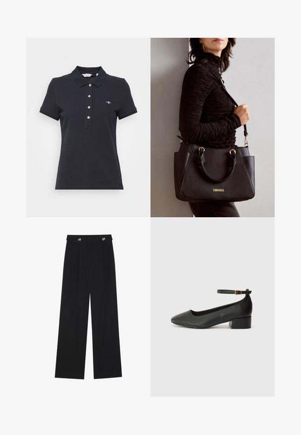 Tummansininen polo-paita lyhyillä hihoilla, kolmella napilla varustettu nappilista ja pieni logo vasemmassa rinnassa. Valmistettu puuvillasta, jossa on sileä rakenne.; Mustat leveälahkeiset housut, joissa on korkea vyötärö, napit vyötärönauhassa ja etupuolella laskokset.; Mustat nahkakengät, joissa on terävä kärki ja matala lohkare korko. Varustettu nilkkahihnalla, jossa on kultasävyinen solki. Lisää sileä pinta.; Musta käsilaukku, jossa on teksturoitu pinta, kaksi yläkantta ja säädettävä olkahihna. Varustettu kultasävyisillä varusteilla ja sivutaskuilla.
