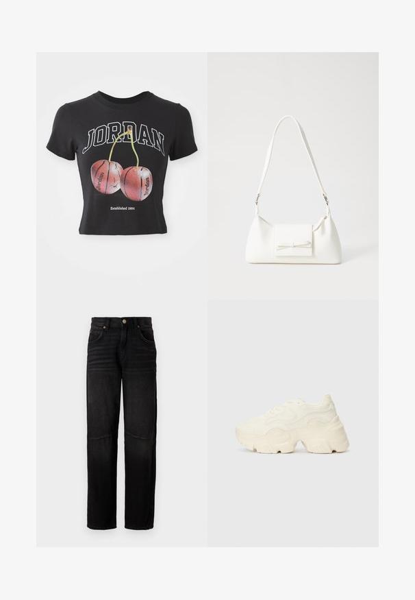 Must forsse T-särk mustast puuvillast, millel on valge kiri "JORDAN" ja kahe punase kirsiga, mis meenutavad korvpalle. Rõhutatud on ka tekst "Asutatud 1984".; Mustad teksad sirge lõikega, viis taskut, nupuga kinnitamine ning õrn pleekinud detailimine reisil ja põlvedel.; Paksud valged tennised, mis on valmistatud tekstureeritud võrgu- ja sünteetilistest materjalidest, pakuvad paksu tallaga ja keerukat mustrit külgedel.; Valge sünteetilisest materjalist kott kolmnurkse kujuga, lame esiklapiga ja kaaredetailiga, reguleeritava rihmaga, sileda tekstuuriga ja minimalistliku disainiga.