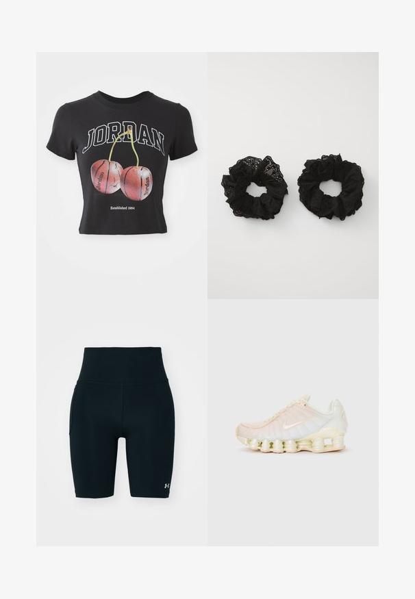 Black cotton crop t-shirt featuring "JORDAN" in white, with a graphic of two red cherries resembling basketballs. Accents include "Established 1984."; Black athletic shorts made of stretchy fabric, featuring a high waistband and side pocket. Smooth texture with flat seams and logo accent.; Nike shoes featuring a translucent upper in soft pastel shades, textured panels, and a distinctive cushioned sole composed of stacked segments.; Black fabric scrunchies with a ruffled texture, featuring eyelet patterns. Two sizes, both soft, with a delicate finish.