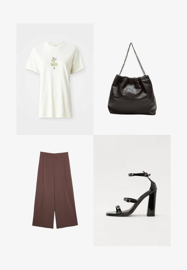 T-shirt bianco a maniche corte con una grafica di una pianta verde che cresce da due mani a coppa, centrata sul petto.; Pantaloni ampi marroni con una texture liscia, caratterizzati da una vita alta e pieghe frontali. Il tessuto è leggero e scorre liberamente.; Sandali con tacco in vernice nera, con punta squadrata, cinturini alla caviglia e fibbie in argento. Presentano un tacco a blocco spesso per maggiore stabilità.; Borsa in pelle marrone con parte superiore arricciata e tracolla a catena. Texture liscia con finitura lucida e dettagli di cucitura sottili sui lati.
