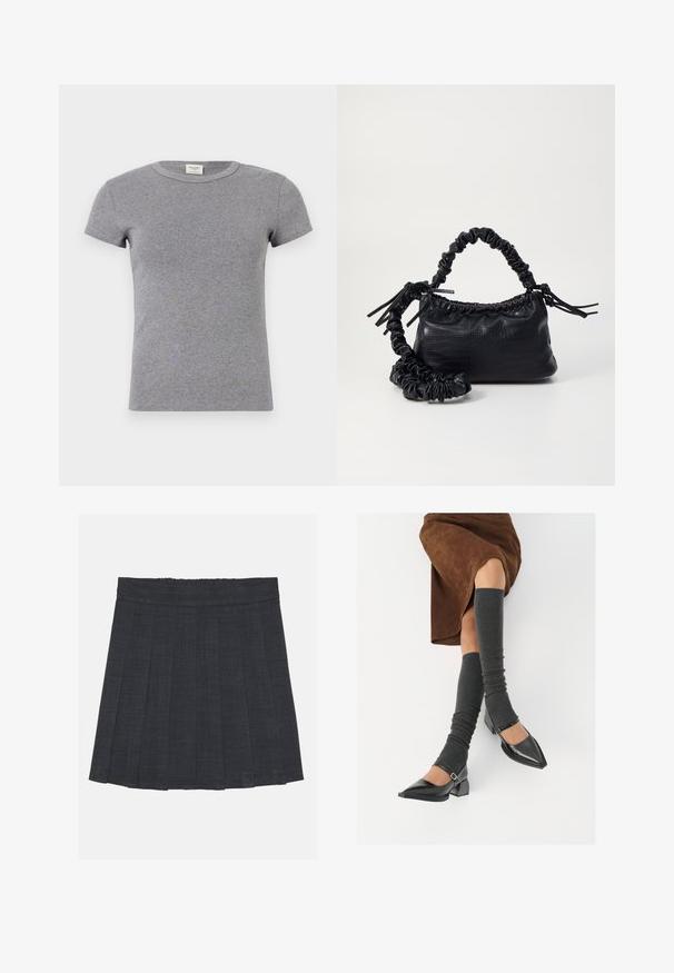 Hall ja lühikeste varrukatega T-särk, mis on valmistatud pehmest puuvillast. Omab ümmargust kaelust ja kitsast disaini, sobib igapäevaseks kandmiseks.; Tumeda hall pleediga seelik elastse vöökohaga, milles on tekstuuriga kangas ja klassikaline A-line siluett. Sobib igapäevaseks kandmiseks.; Mustad patsaline odav värviga kingad, millel on kreen ja pahkluuring, on paaritatud hallide ribakudumitega sääremiidega ja pruunist nahast seelikuga.; Must must sünteetilisest nahast käekott, millel on krokodillimuster, kokku tõmmatav ülaosa ja kortsus rihm. Tundub pehme ja kompaktne disain.