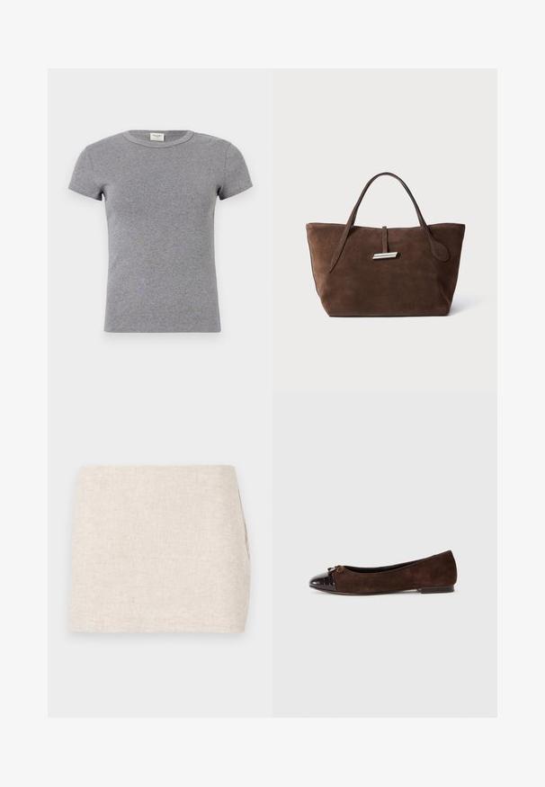 Tricou gri cu mânecă scurtă, fabricat din bumbac moale. Are un gât rund și un design ajustat, potrivit pentru îmbrăcăminte casual.; Fustă din in bej cu un design minimalist, având o textură netedă și o țesătură subtilă. Are o croială dreaptă și simplă, fără închideri vizibile.; Balerini din suede maro, cu vârful din piele lac maro închis și un accent subțire sub formă de fundiță în față. Toc plat.; Geantă tote din suede maro cu două mâneri moi, o curea verticală cu un accent argintiu și un vârf larg, deschis. Textură netedă, design minimalist.