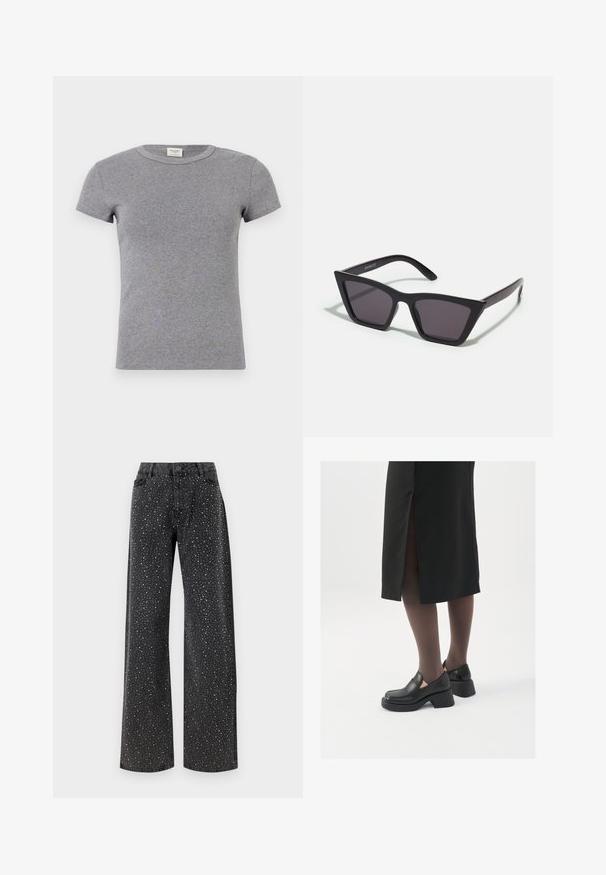 Siva kratka majica z mehkega bombaža. Ima okroglo ovratnico in prilegajoč dizajn, primerna za sproščeno nošenje.; Noisy May NMJANNEL LOOSE - Široke kavbojke - black denim; Črne usnjene čevlje s zaobljenim prstom, debelim blokastim petama in elastičnimi stranskimi detajli, v kombinaciji s temno nogavicami in črno krilo z razporkom.; Črne, angularne sončne očala z sivimi lečami; izdelana iz plastike, imajo debele ročke z gladko površino in brez vidne opreme.; Srebrne uhane v obliki obroča z minimalističnim dizajnom. Krožna oblika, gladka tekstura in tanek profil. Lahki s poliranim zaključkom.