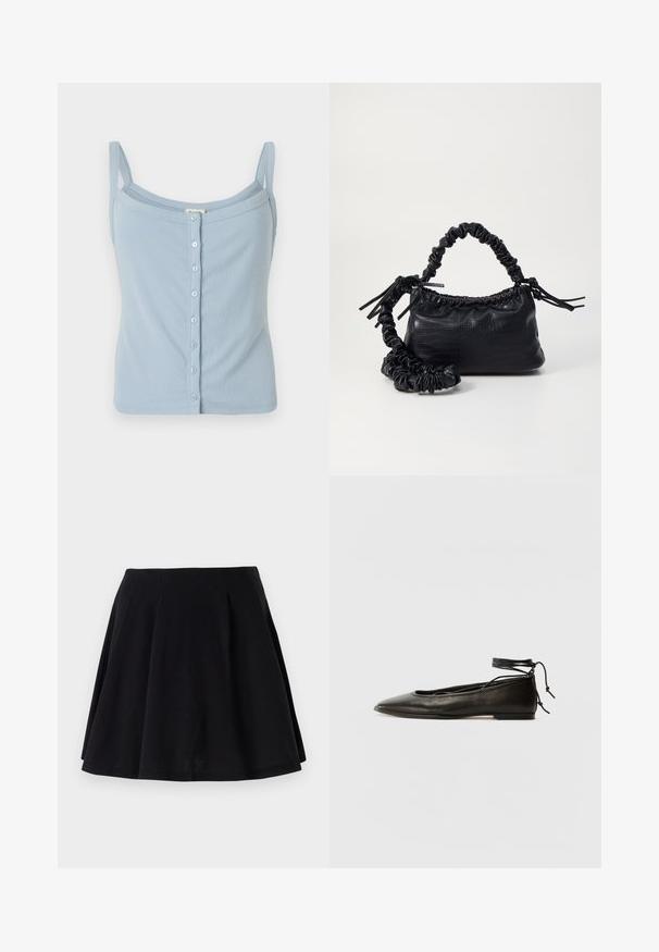 Šviesiai mėlynas raštuotas tieleris su špageto petnešiomis, su sagų užsegimu priekyje ir prigludusia forma. Minkšta tekstūra ir paprastas stilius.; Juodas medvilnės sijonas su plačiu siluetu, turintis klostes talijos srityje ir lygų paviršių. Tinka kasdieniam dėvėjimui.; Juodi odiniai balerinų bateliai su smailiu pirštu, kulkšnies raiščiu ir plokščiu padu, pasižymintys lygiu paviršiumi ir minimalizmo dizainu.; Juodas dirbtinės odos rankinė su krokodilo tekstūra, sušnibždinta viršuje ir susikraipytu dirželiu. Atrodo minkšta ir kompaktiška.