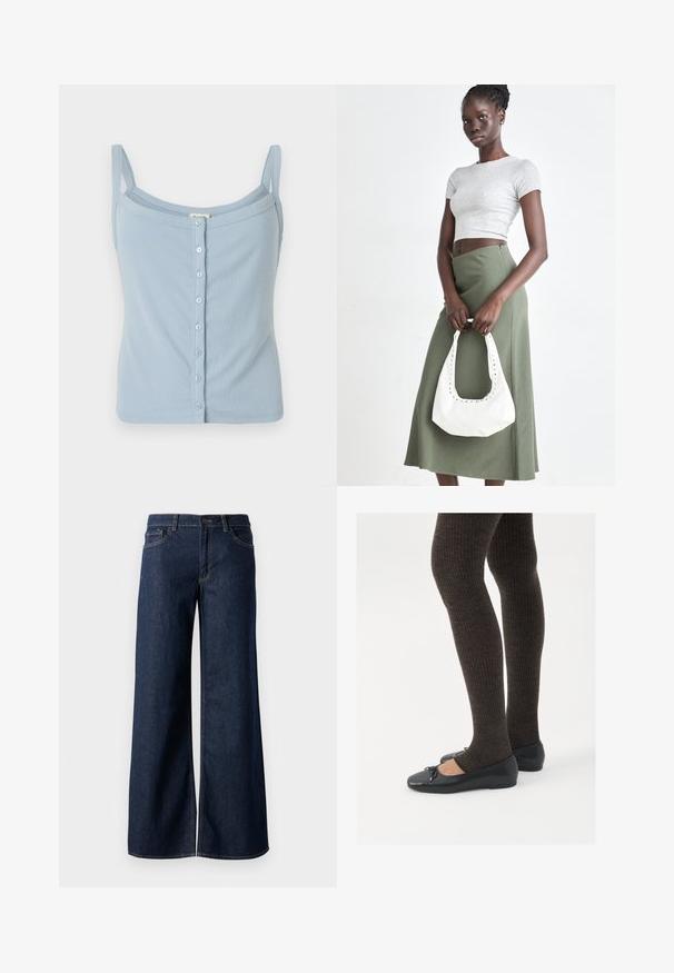 Débardeur en maille à rayures bleu clair avec des bretelles spaghetti, présentant un devant à boutons et une coupe ajustée. Texture douce et style simple.; Jean large en denim bleu foncé. Présente des coutures contrastées, cinq poches et une fermeture par bouton à la taille. Texture lisse.; Chaussures plates noires avec un petit nœud au niveau des orteils, associées à des collants côtelés marron foncé. Les chaussures ont une texture lisse et un profil bas.; Top court rayé gris et jupe taille haute verte olive. Le mannequin tient un sac à bandoulière blanc avec des découpes. Design simple, silhouette ajustée.