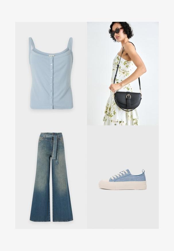 Débardeur en maille à rayures bleu clair avec des bretelles spaghetti, présentant un devant à boutons et une coupe ajustée. Texture douce et style simple.; Pantalons en denim à jambe large présentant un dégradé de bleu clair à bleu foncé, taille haute, passants de ceinture et une ceinture en tissu assortie. Finition en denim texturé.; Baskets en toile bleu clair avec une coque en caoutchouc crème et une semelle extérieure, dotées de lacets blancs et d'une languette au talon.; Sac à main en cuir noir avec une forme courbée, bandoulière amovible et des accessoires en or. Le sac est doté d'un rabat avec un détail de boucle.