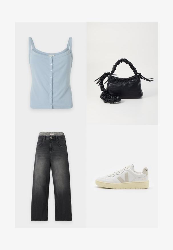 Lysblå ribbet tanktop med spaghetti-stropper, med en knaplukning foran og en tætsiddende pasform. Blød tekstur og enkelt design.; Sorte denim bredbenede jeans med et houndstooth-mønster i taljen. Funktioner inkluderer sidelommer og en knaplukning. Slidt tekstur.; Hvide lærreds sneakers med beige ruskindsdetaljer, perforeret tåboks, flade snørebånd og en struktureret cremefarvet sål. Har diskret branding på hælen.; Sort kunstlæder håndtaske med krokodilteksur, indsnøret top og en sammenkrøben rem. Ser blød og kompakt ud i designet.