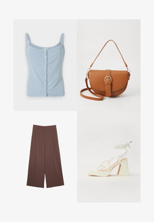 Top in cotone azzurro chiaro a coste con spalline sottili, caratterizzato da una chiusura frontale con bottoni e un design aderente. Texture morbida e stile semplice.; Pantaloni ampi marroni con una texture liscia, caratterizzati da una vita alta e pieghe frontali. Il tessuto è leggero e scorre liberamente.; Sandalo bianco con tacco alto, caratterizzato da un design a cinturini e un legaccio alla caviglia. Texture liscia con una piattaforma frontale per un'altezza aggiuntiva.; Borsa a tracolla in pelle marrone con forma curvata, hardware dorato e un dettaglio con fibbia. Presenta una tracolla rimovibile.